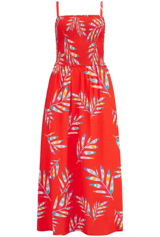 D1273 Christabel Shirred Midi Φόρεμα - Κόκκινο, Rainbow Fronds