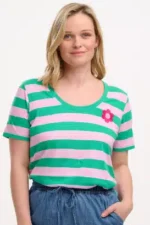 T-Shirt Sylvie Scoop Neck - Πράσινο/Ροζ, Ρίγες & Λουλούδι T0921
