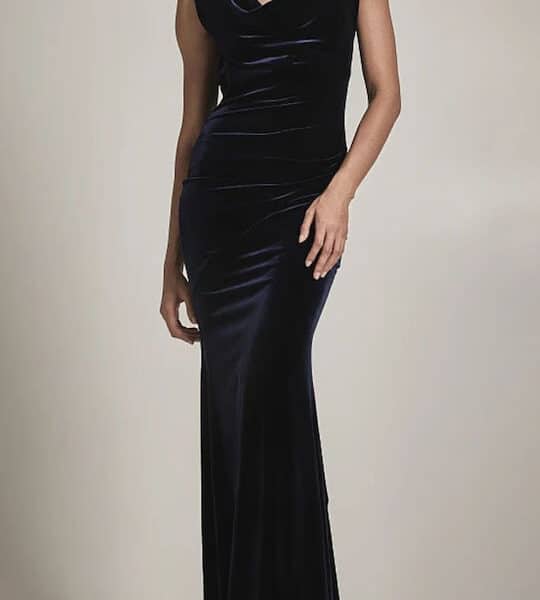 BSB Maxi Βραδινό Φόρεμα Βελούδινο Ντραπέ Μπλε 054-411006